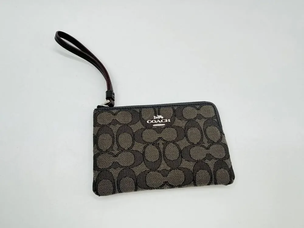 Coach Signature Wristlet Wallet Brown Black Canvas Zip Pouch F58033